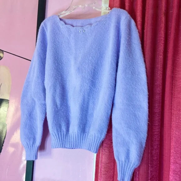 90s Vintage Periwinkle Pearl Accent Pullover Fall/Winter Sweater Womens Medium - Picture 3 of 5